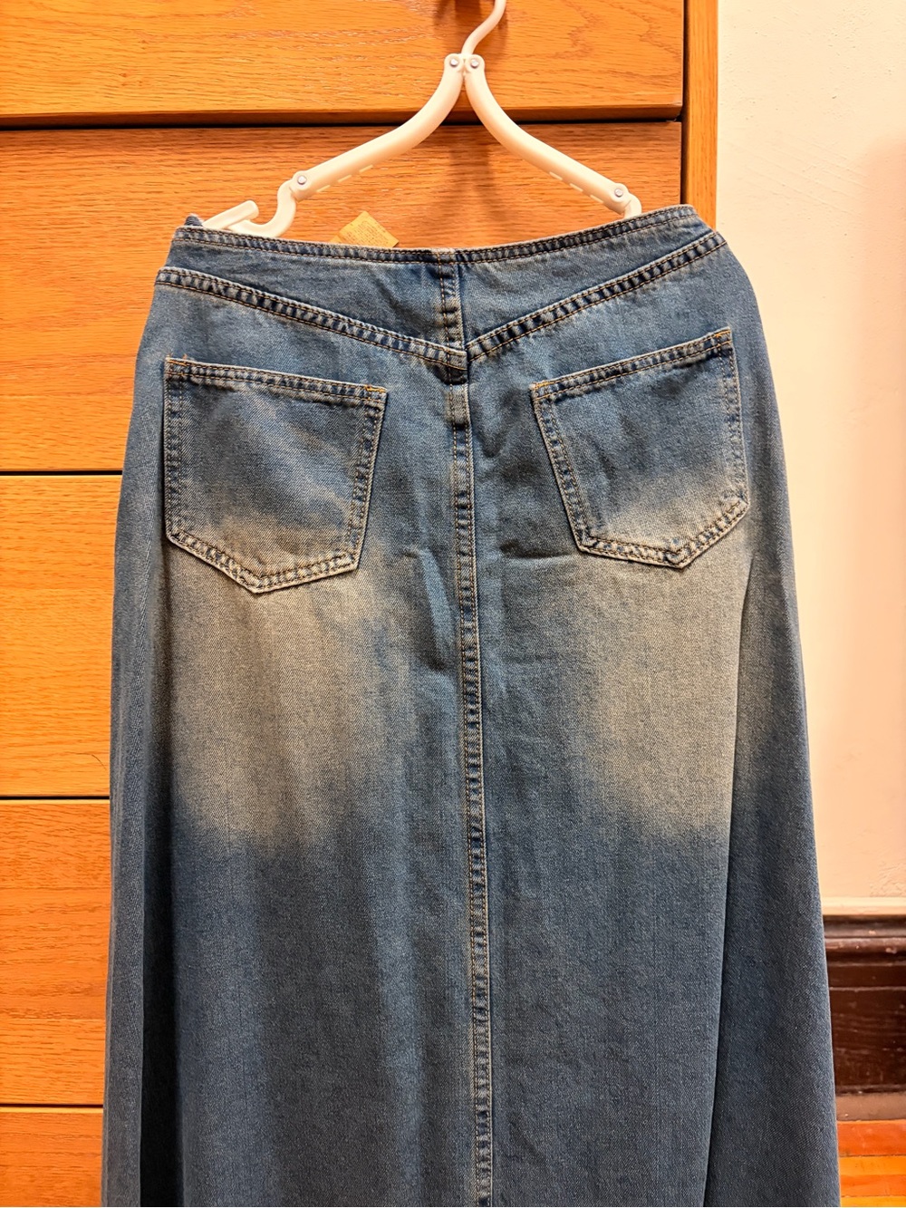 Dazy x StarSeries blue denim midi skirt with frayed hem